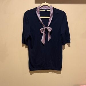 Tommy Hilfiger Navy Blouse with Geometric Bow Size Large